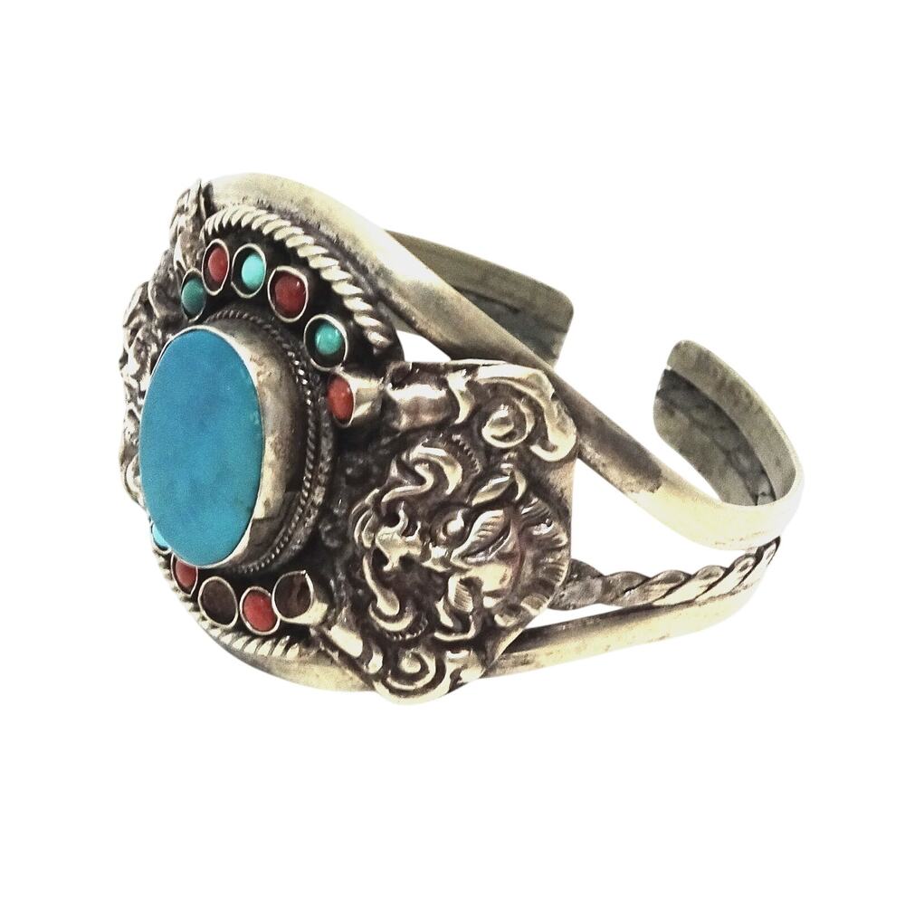 Vintage Tibetan Silver Cuff Bracelet Turquoise Coral Snow Lion Nepalese Ethnic